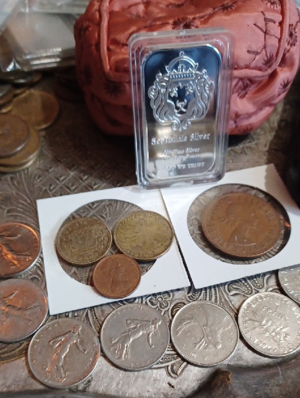 Sterling Silver Lion PlateBar with Mixed Vintage Coins - Silver & Bronze Tones